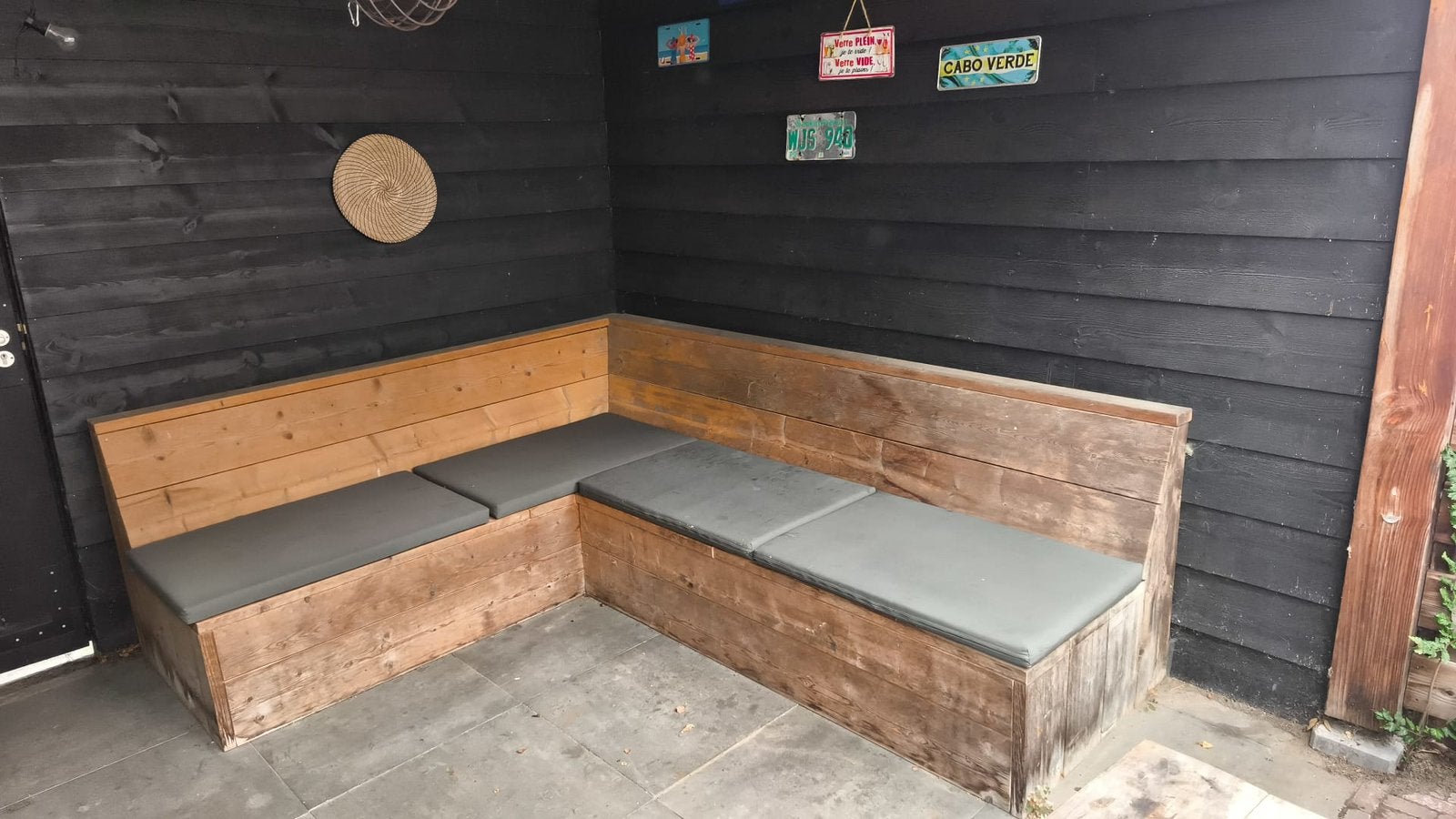 Steigerhouten tuinbank met kussens, Tuin en Terras, Ophalen, 4 zitplaatsen, Gebruikt, Steigerhout