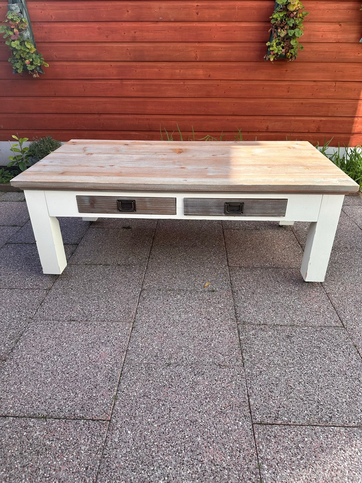 Stevige houten terrastafel met lades, Ophalen of Verzenden, Gebruikt, Rechthoekig, Hout