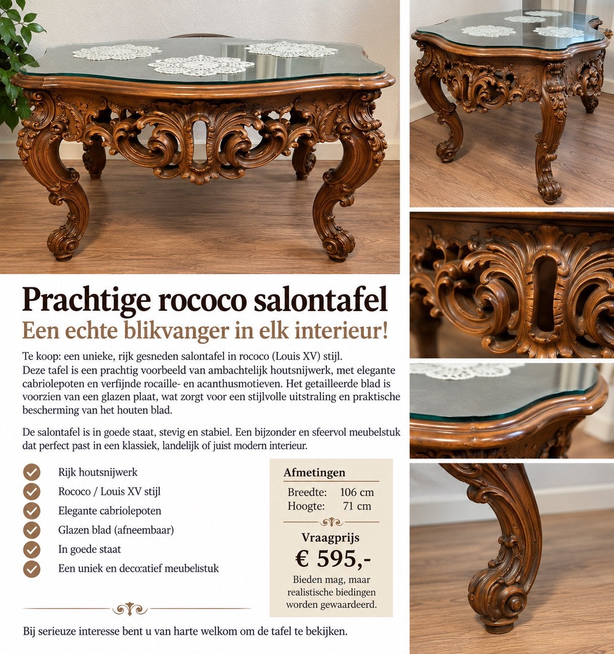 Te koop Prachtige rococo salontafel, Ophalen