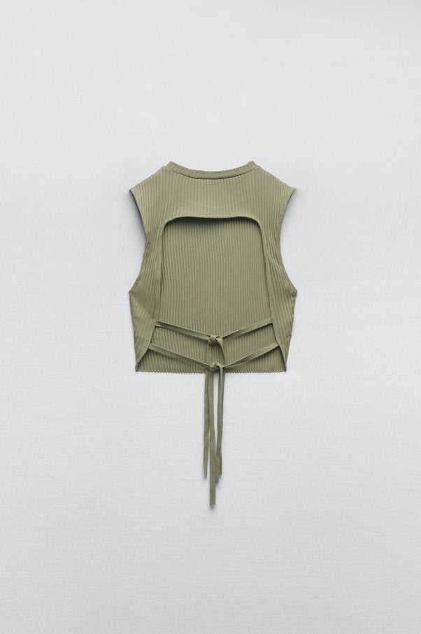 Dames Zara top ronde hals rib blote rug strik katoen maat S, Kleding | Dames, Tops, Ophalen of Verzenden, Zo goed als nieuw, Groen