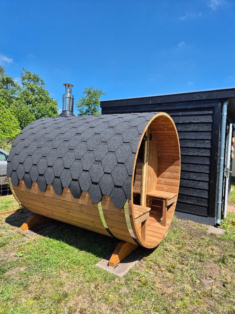 VOORRAADMODEL BOUWPAKKET BARREL SAUNA – DIRECT LEVERBAAR!, Sport en Fitness, Sauna, Ophalen of Verzenden, Nieuw, Fins of Traditioneel