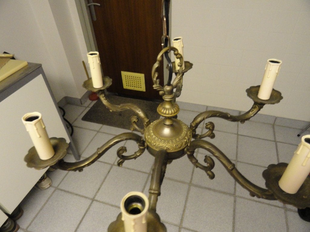 klassieke bronzen kroonluchter massief - 6-armig, Huis en Inrichting, Lampen | Kroonluchters, Ophalen, Gebruikt, Metaal, Klassiek
