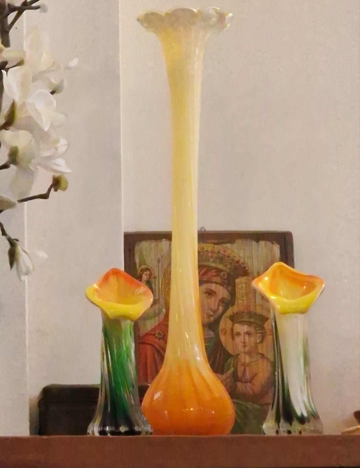 Murano  bloemen vazen. oranje ,geel, groen. gaaf., Ophalen of Verzenden, Zo goed als nieuw, Groen