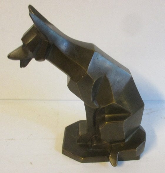 bronzen kubistisch geometrisch beeld zittend hondje, Verzenden
