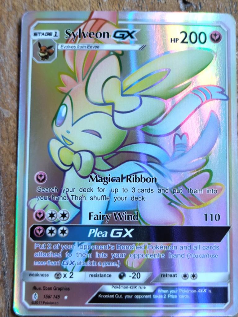 Sylveon GX Full Art Pokémon Kaart (158/145), Ophalen of Verzenden, Zo goed als nieuw, Losse kaart, Foil