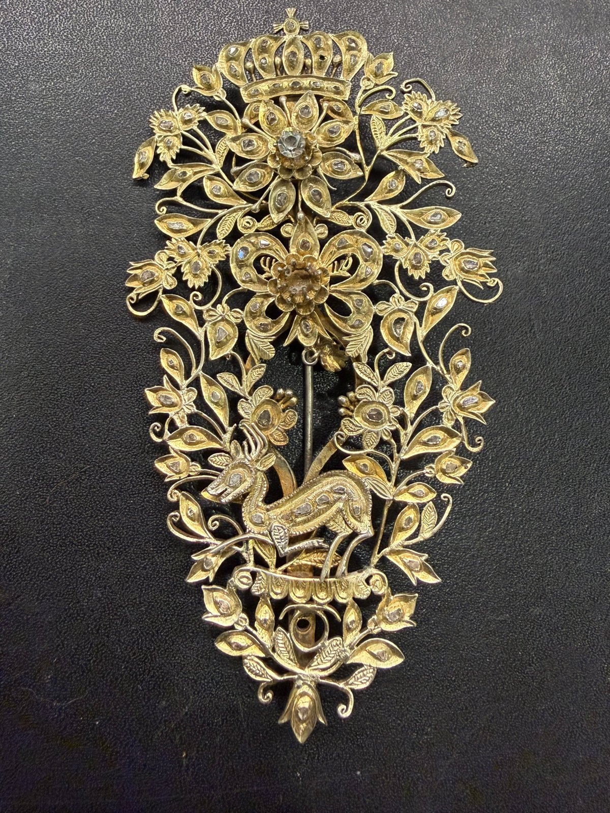 Antiek verguld zilveren broche diamant, Ophalen of Verzenden