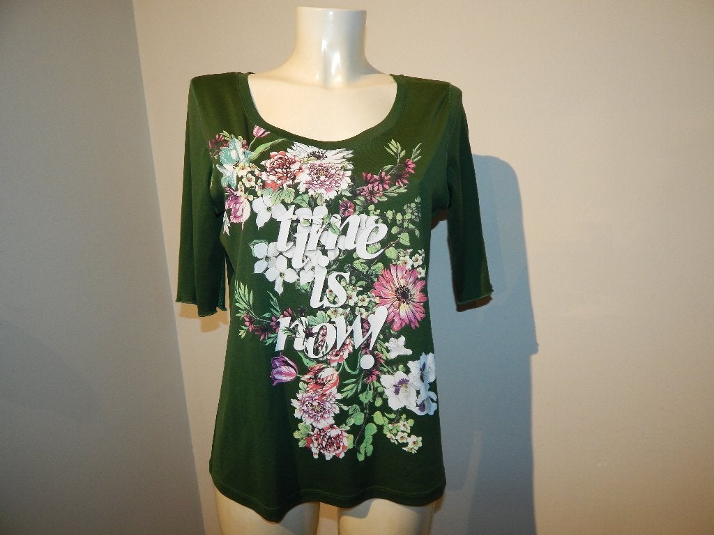Marccain groen shirt opdruk kleur voorkant diep groen N5 42, Kleding | Dames, Verzenden, Maat 42/44 (L), Zo goed als nieuw, Korte mouw