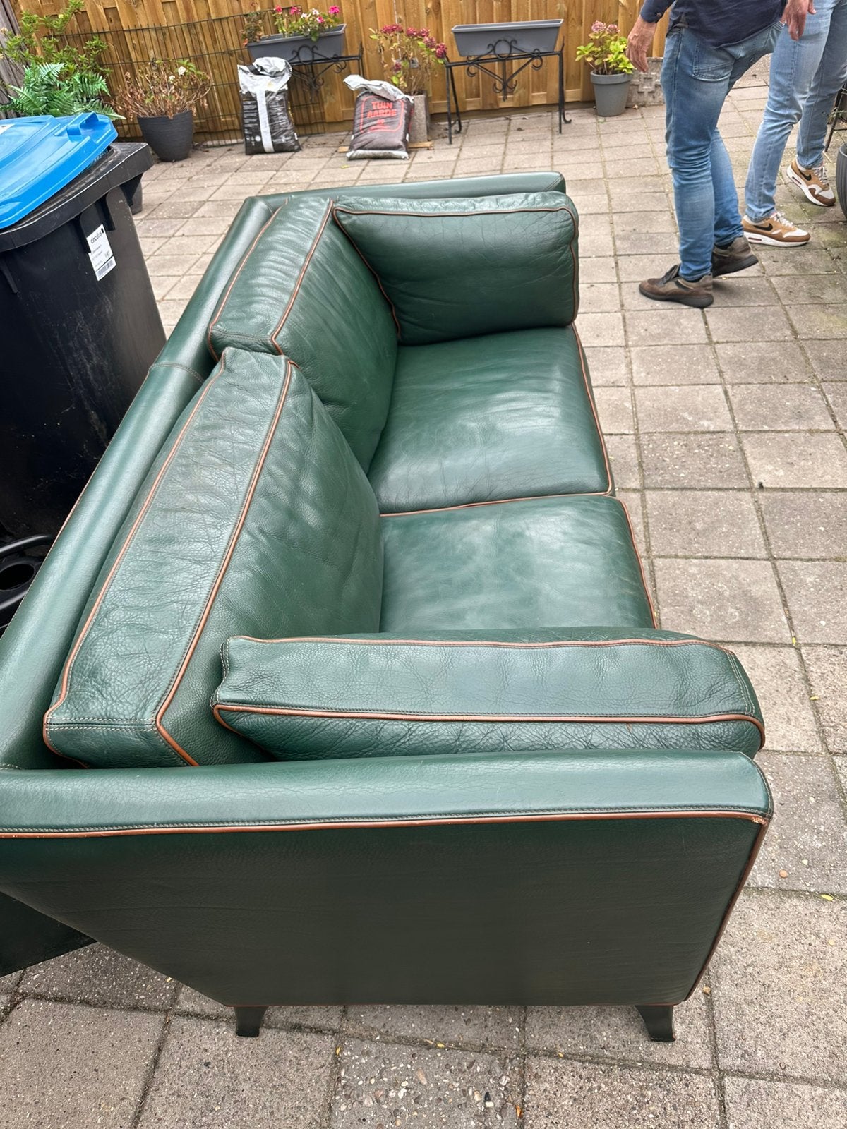 Groene zuiver leren bank, Ophalen, Gebruikt, 75 tot 100 cm, 200 tot 250 cm