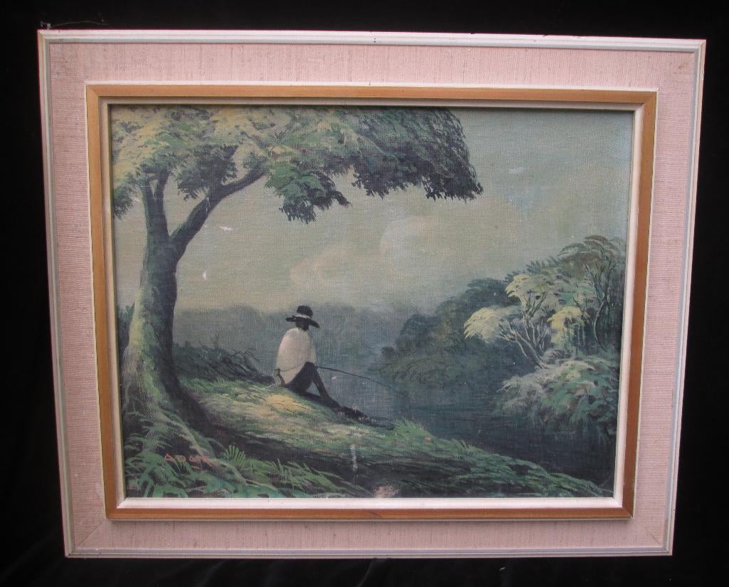 Indisch Schilderij Indonesië Gesigneerd Visser onder Boom, Ophalen of Verzenden