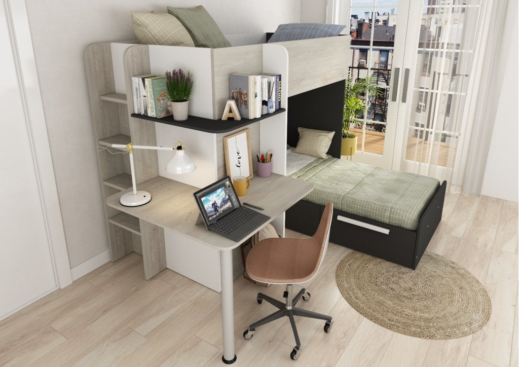 Palatino hoekstapelbed met bureau, kast en lade - 90x190 - W, Niet ingevuld, Niet ingevuld, Niet ingevuld