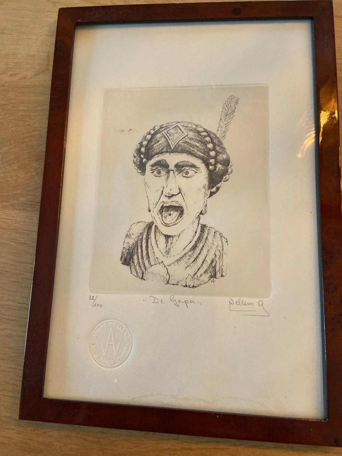 Ets "De Gaper" van André Wellens, 22x32 cm, 32/100, Antiek en Kunst, Portret, Ophalen of Verzenden, 1950 - 1999, Genummerd