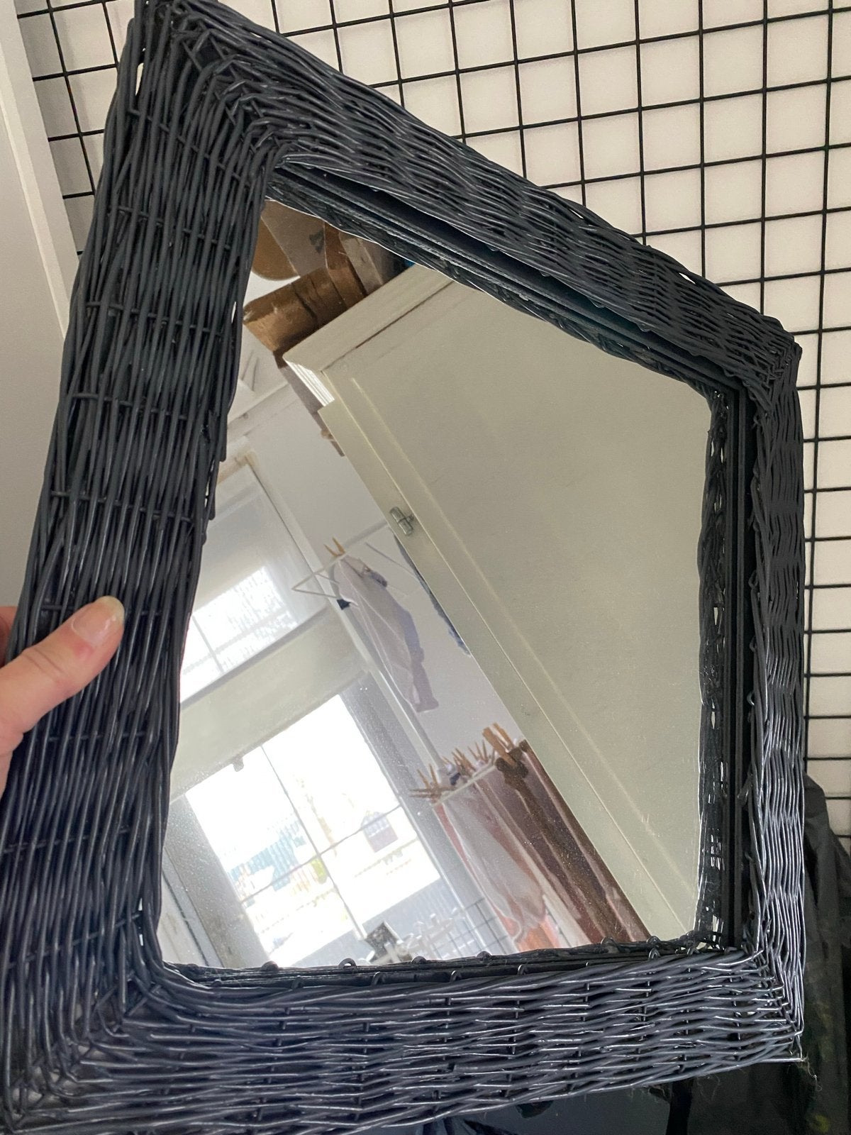 Antraciet spiegel met gevlochten frame 44x44 cm, Ophalen, Minder dan 50 cm, Gebruikt, Minder dan 100 cm