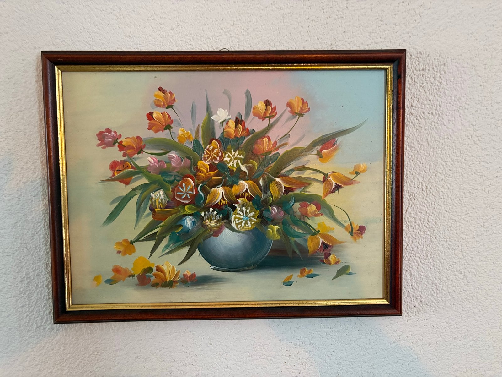 Olieverfschilderij met bloemen in houten lijst, Ophalen of Verzenden