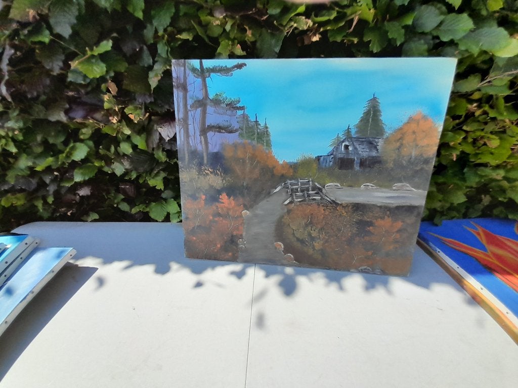 mooi groot schilderij landschap bos met schuur., Ophalen of Verzenden, Zo goed als nieuw, 125 cm of meer, Schilderij
