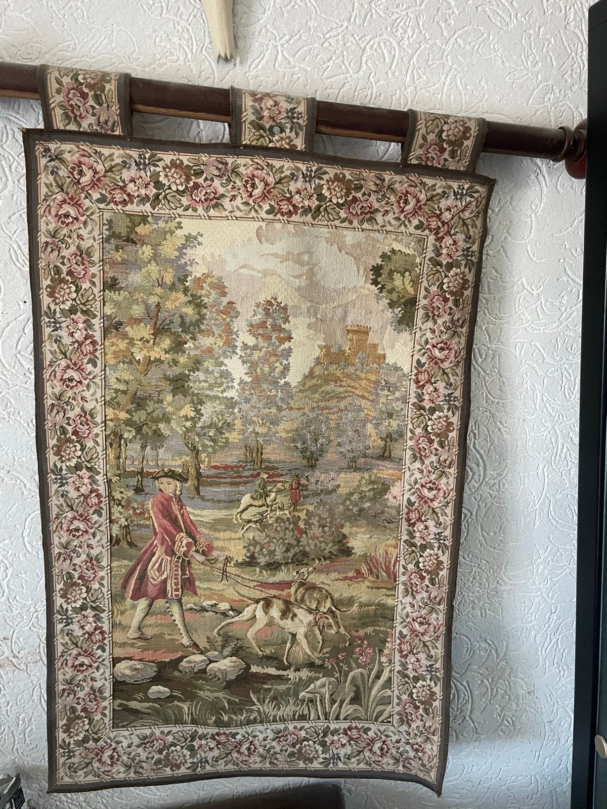 Vintage wandtapijt met jachtscène en kasteel, Ophalen
