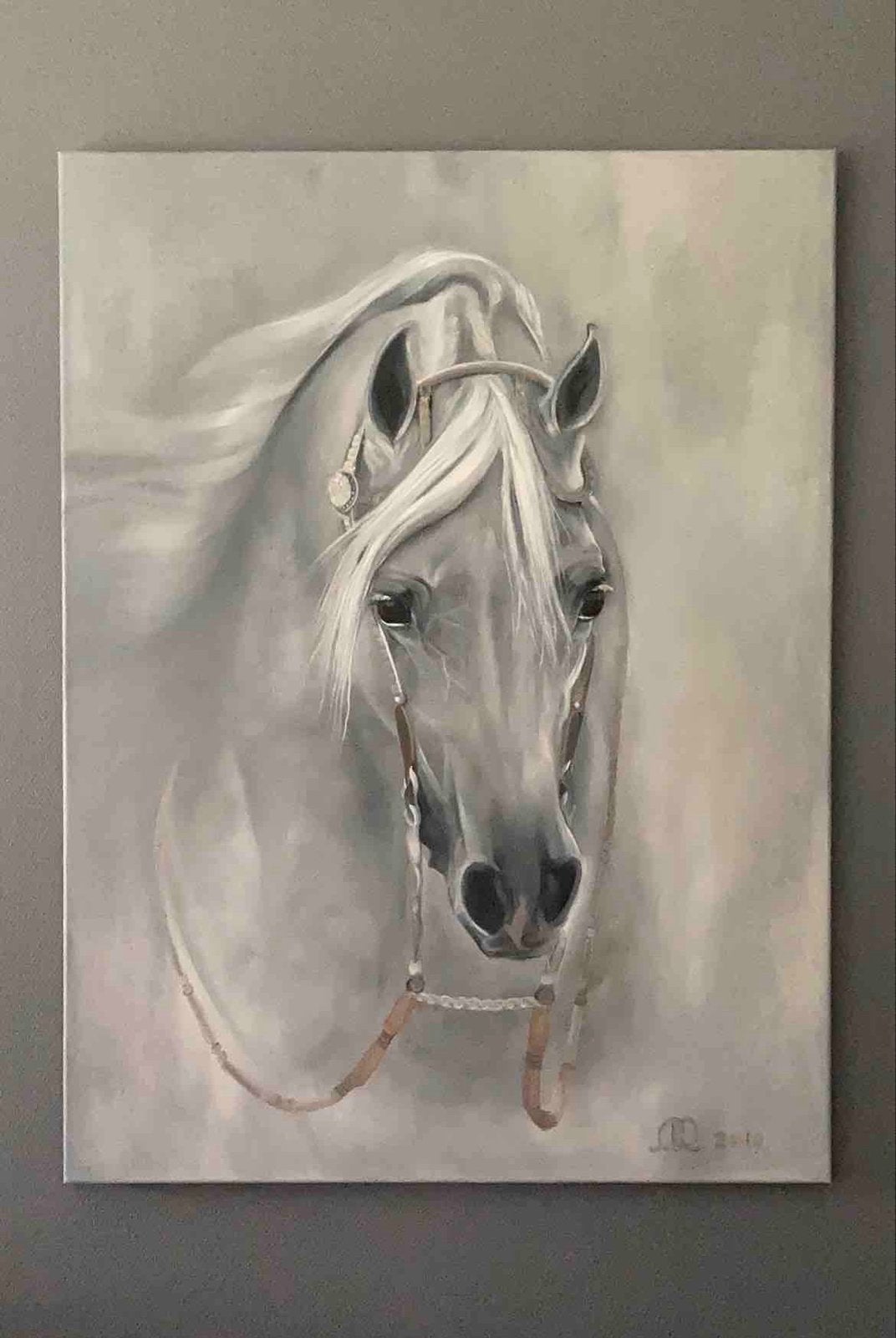 Handgeschilderd olieverf schilderij paard 90x120, Ophalen, Dieren, Textiel, Gesigneerd
