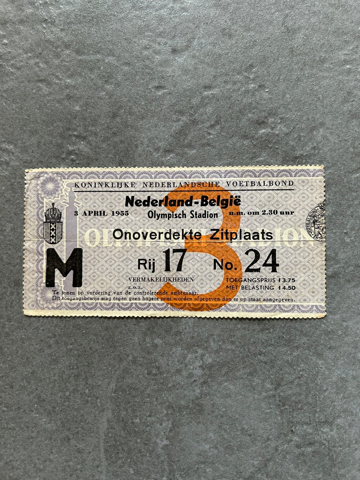Nederland - België 3 april 1955 ticket, Verzamelen, Sportartikelen en Voetbal, Ophalen of Verzenden, Overige binnenlandse clubs
