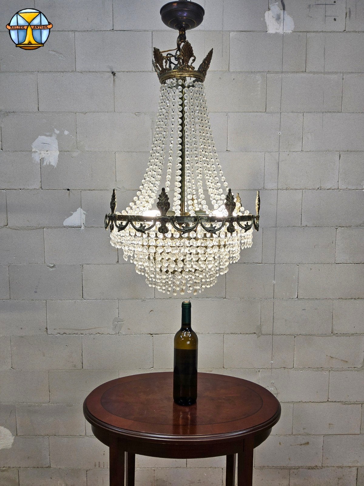 Vintage Kroonluchter met Kristallen (5 lampen) Empire stijl, Ophalen of Verzenden