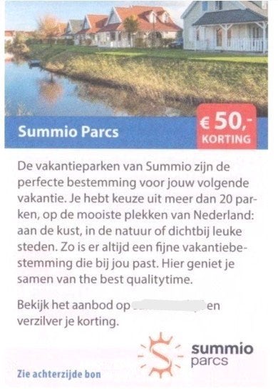 Summio Parcs € 50,- kortingscode, Tickets en Kaartjes, Drie personen of meer, Kortingsbon, Bungalowpark