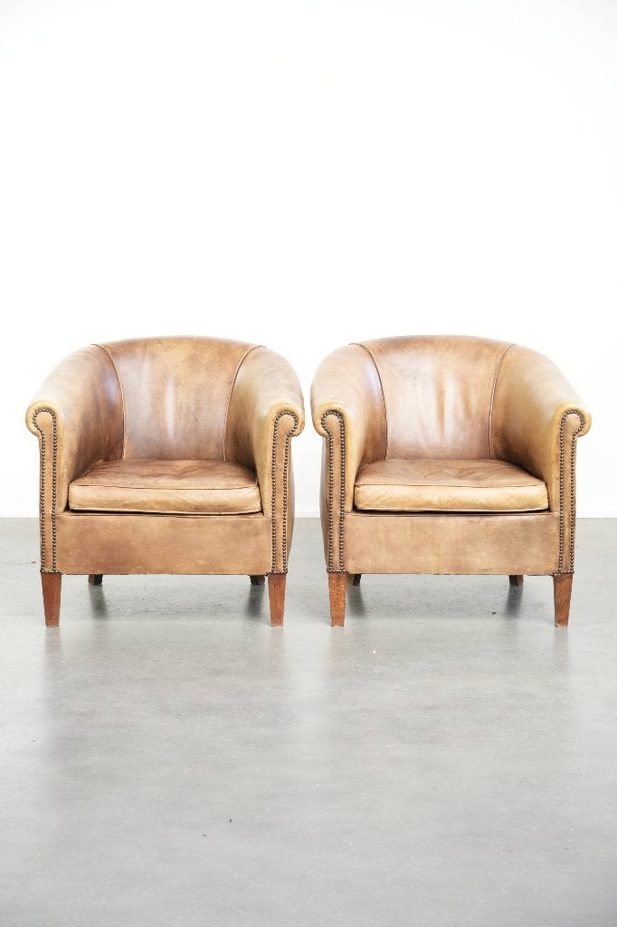 Set van twee karaktervolle vintage rundleren clubfauteuils, Ophalen, Gebruikt, ., Vintage
