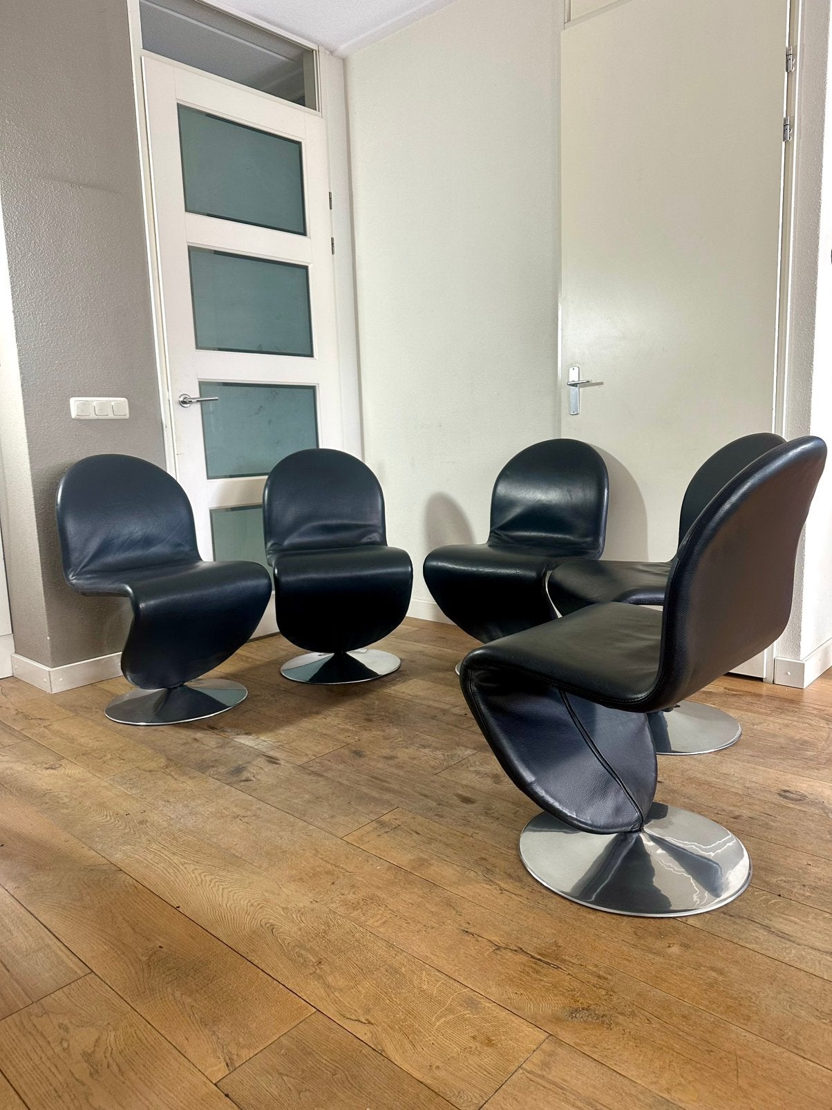 5 vintage Verner Panton System 1-2-3 stoelen Fritz Hansen, Zwart, Leer, Ophalen of Verzenden, Vijf, Zes of meer stoelen