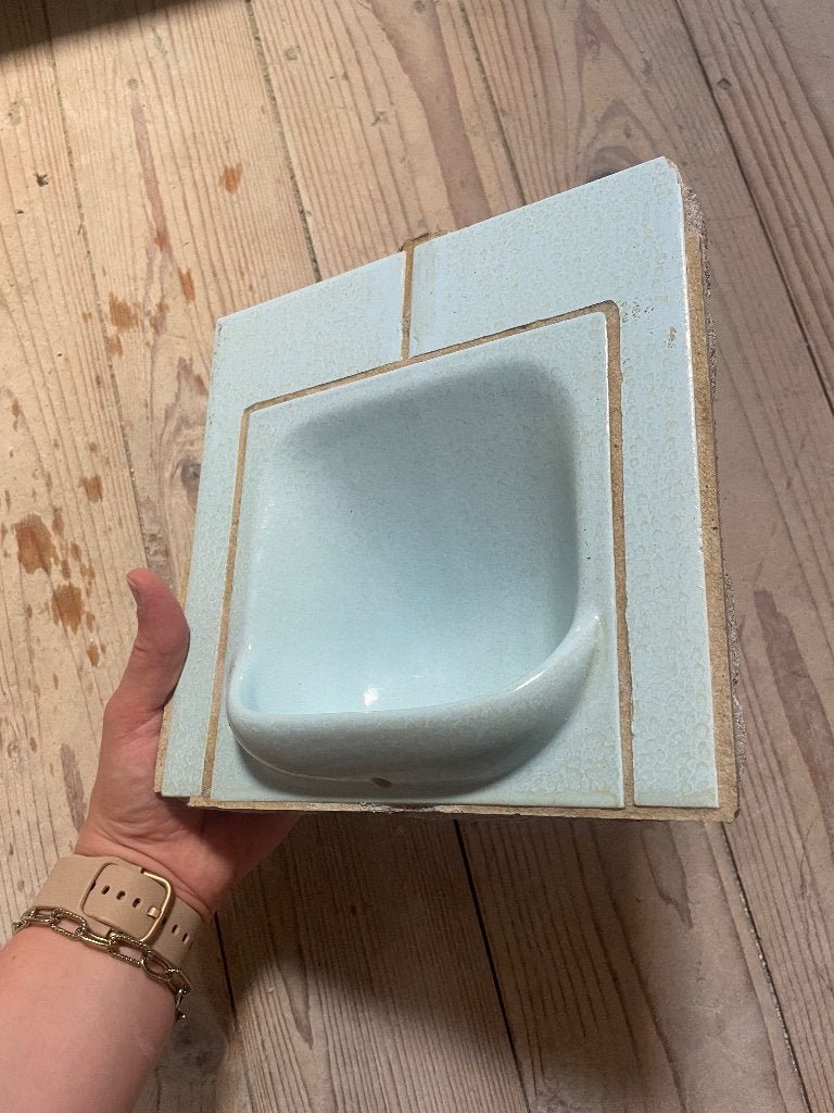 Retro/vintage blauwgroene tegel met zeephouder, Doe-het-zelf en Verbouw, Tegels, Ophalen, Gebruikt, Minder dan 20 cm, Minder dan 20 cm