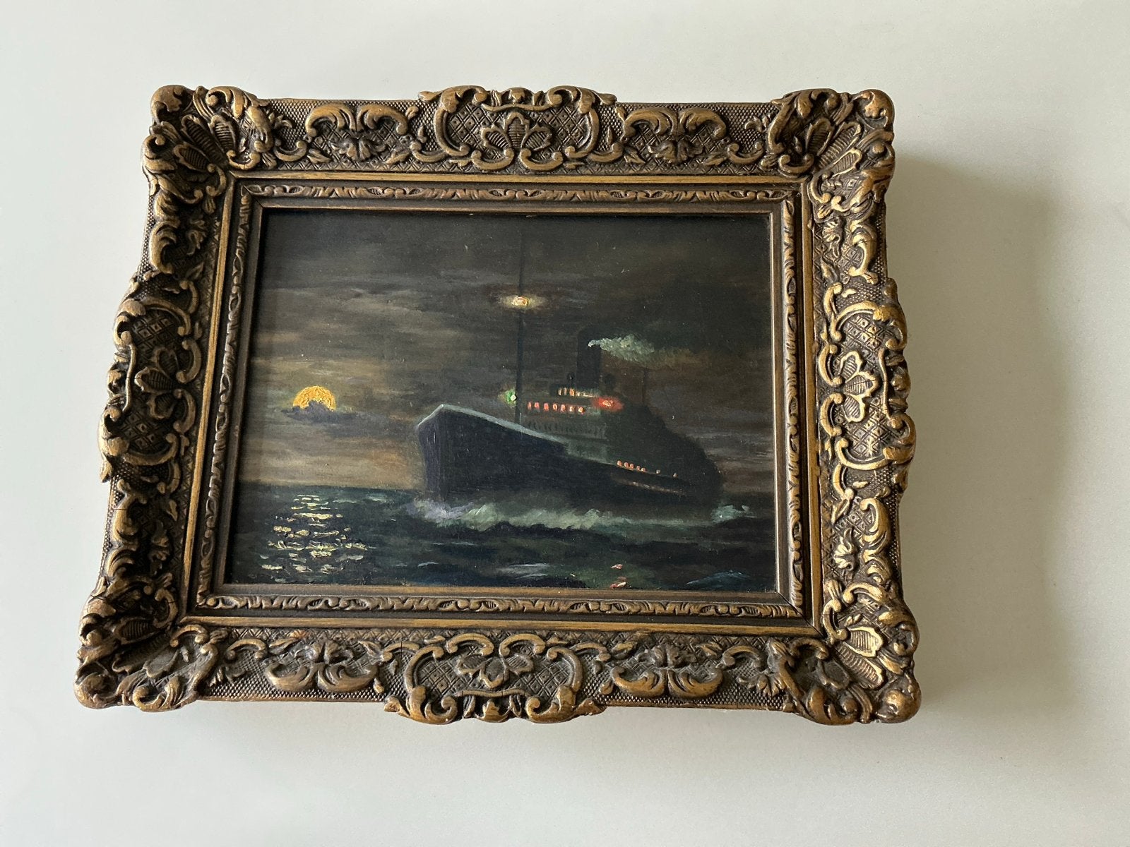Olieverfschilderij Schip op Zee in Sierlijke Lijst, Antiek en Kunst, Kunst | Schilderijen | Klassiek, Ophalen, Olieverf, Klassiek