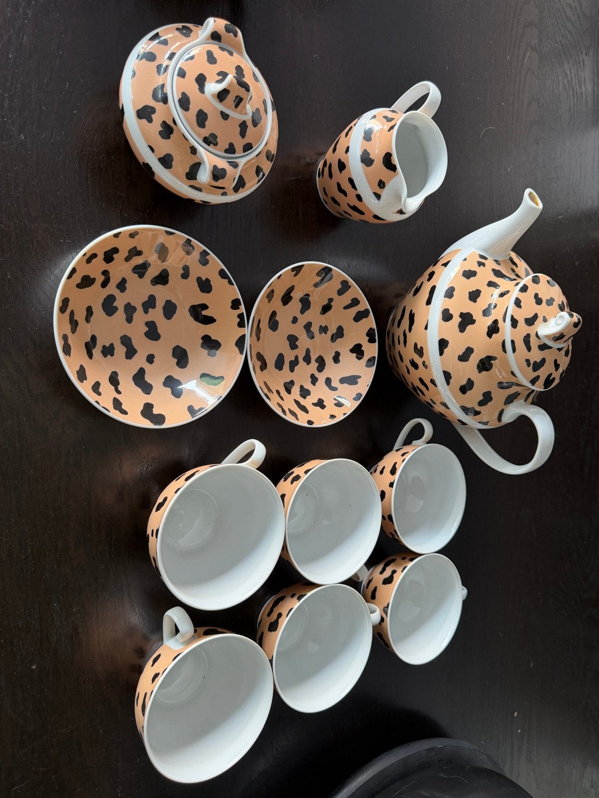 Eschenbach servies met luipaardprint - theepot, kopjes, scho, Ophalen, Overige merken, Vintage, Zo goed als nieuw
