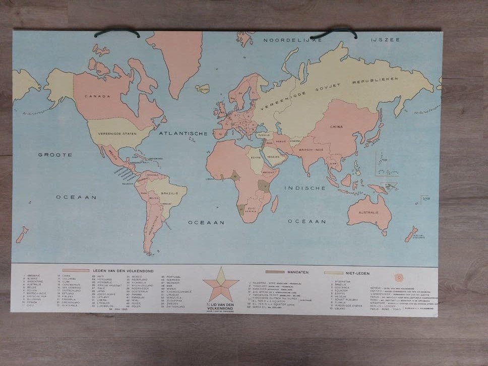 Vintage Wereldkaart Volkenbond 1930 - Ca. 65x100 cm, Landkaart, 1800 tot 2000, Nederland, Ophalen