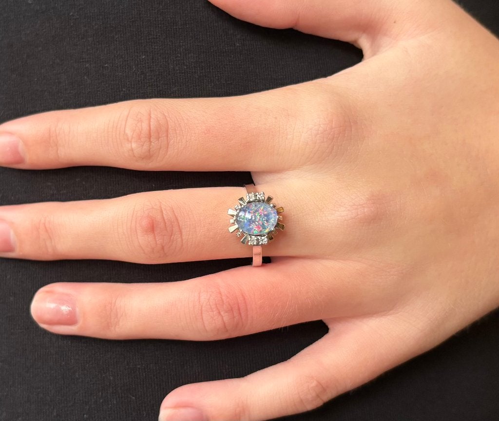 Diamanten opaal 14k gouden luxe ring dame briljant rozet, Voordeelsieraden, 19 tot 20, Ophalen of Verzenden, Zo goed als nieuw