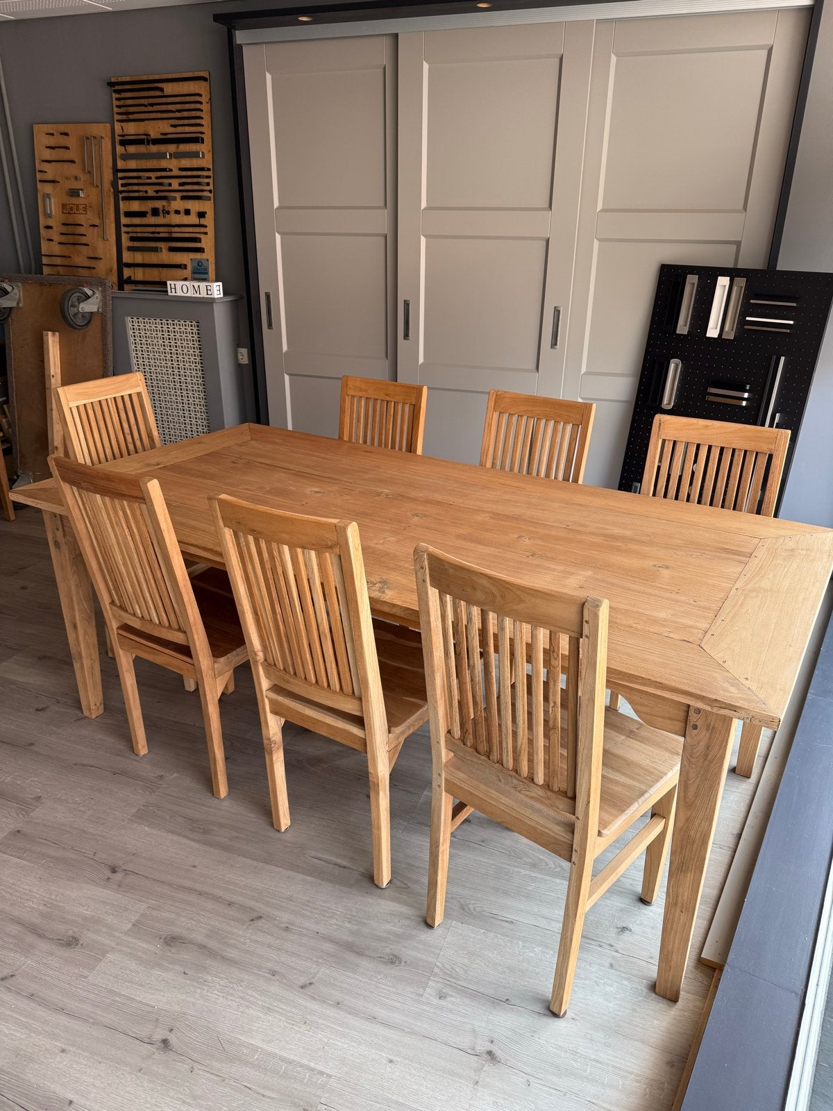 Massief Teakhouten Eettafel met 8 stoelen, Gebruikt, Teakhout, Vijf personen of meer, 150 tot 200 cm