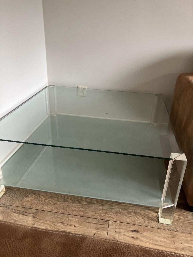 glazen salontafel 100 cm x 100 cm, 40 cm hoog, Ophalen, Gebruikt, 100 tot 150 cm, Vierkant