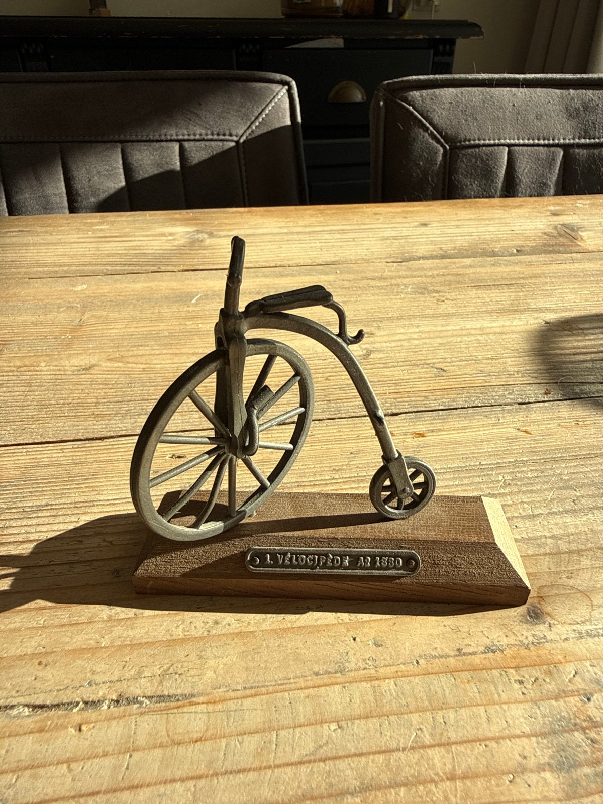 Vintage miniatuur vélocipède 1830 op houten voet, Ophalen of Verzenden