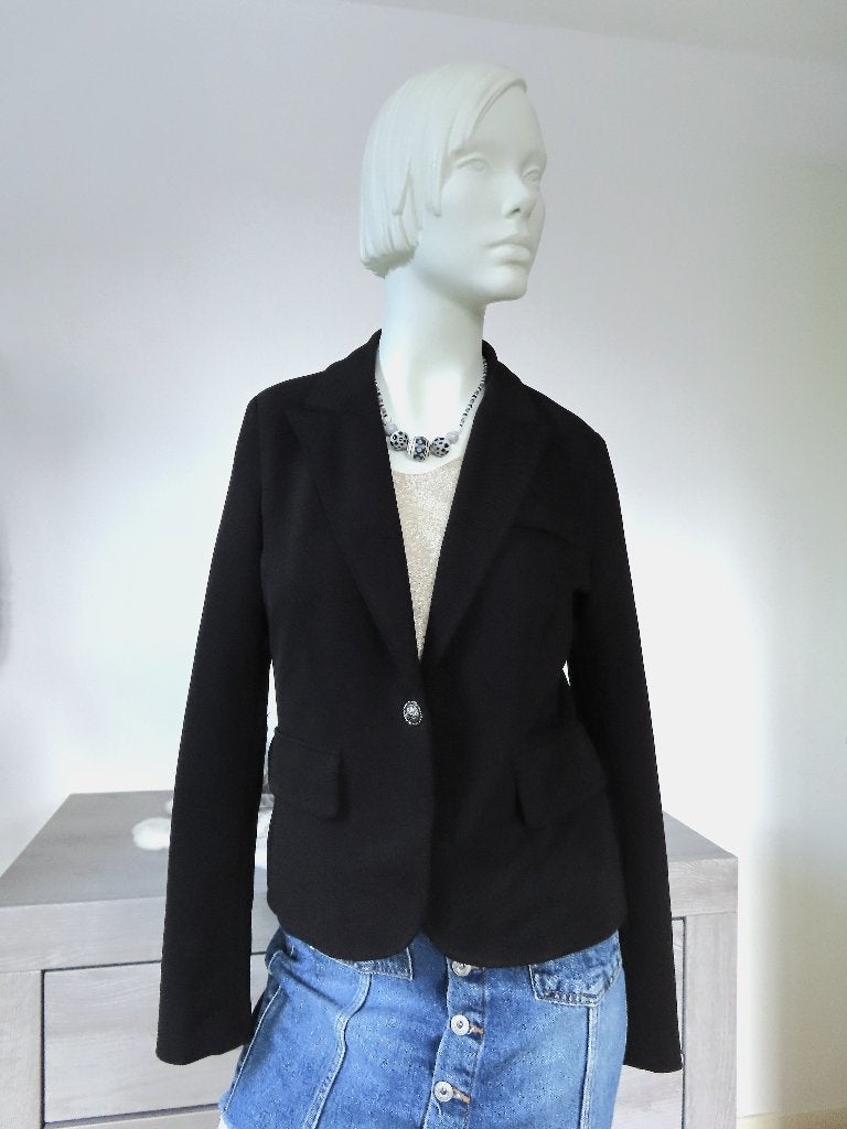 MISS K Zwarte Blazer met Bruine Elleboogpatches L 40, Maat 42/44 (L), Ophalen of Verzenden, Zo goed als nieuw, Jasje