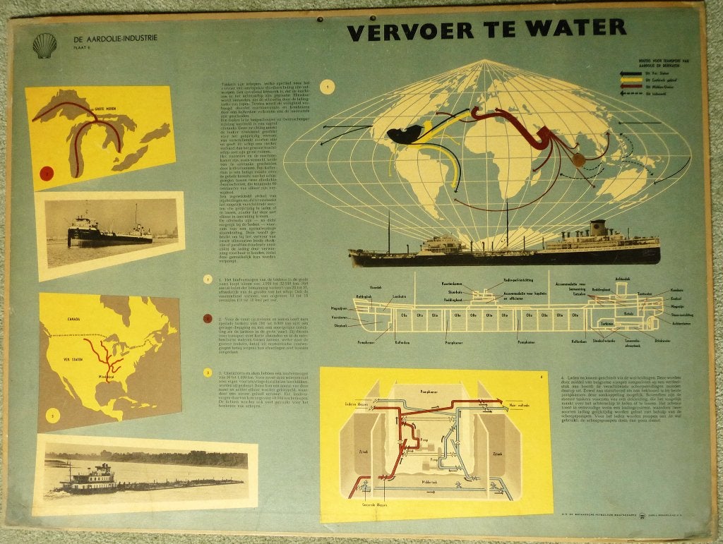 Oude schoolplaat met de scheepvaart van de ruwe olie, Ophalen of Verzenden, Gebruikt, Motorboot, Kaart, Foto of Prent