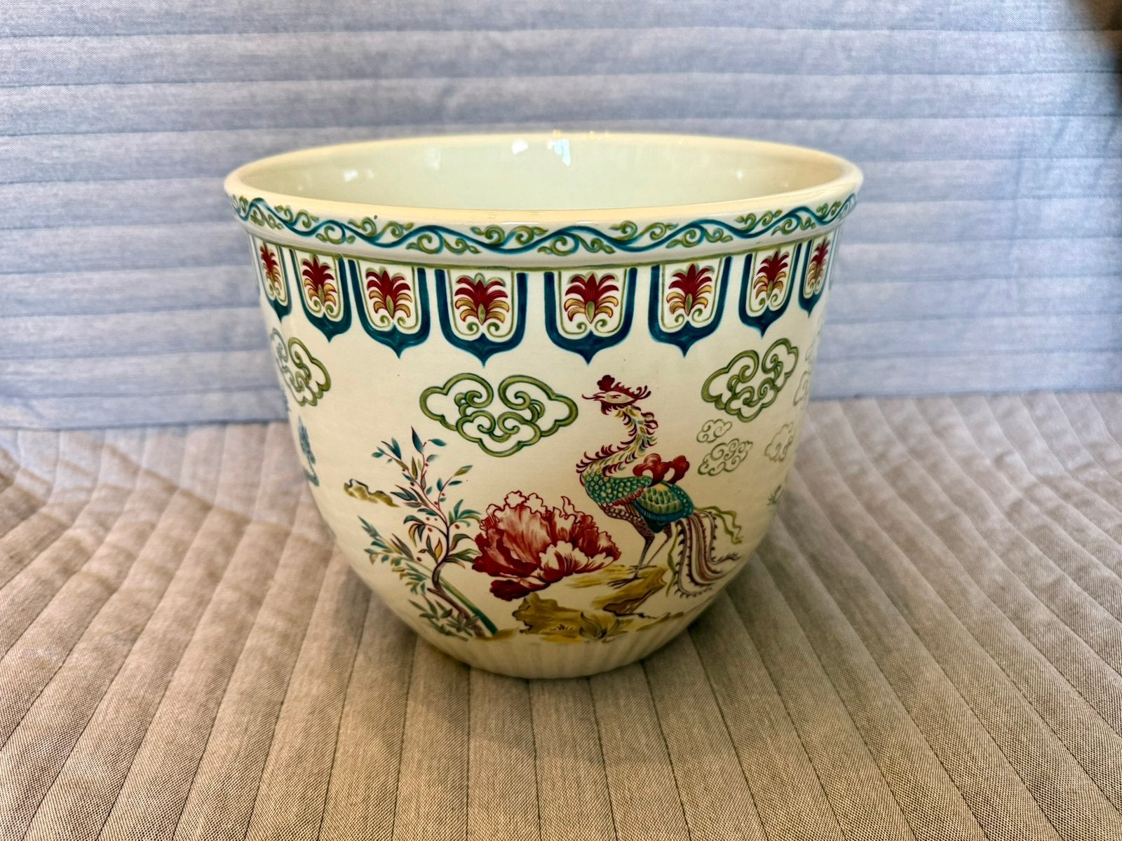 Vintage Boch Frères Bloempot - Shanghai - Draak & Feniks, Tuin en Terras, Bloempotten, Ophalen, Rond, Zo goed als nieuw, Aardewerk