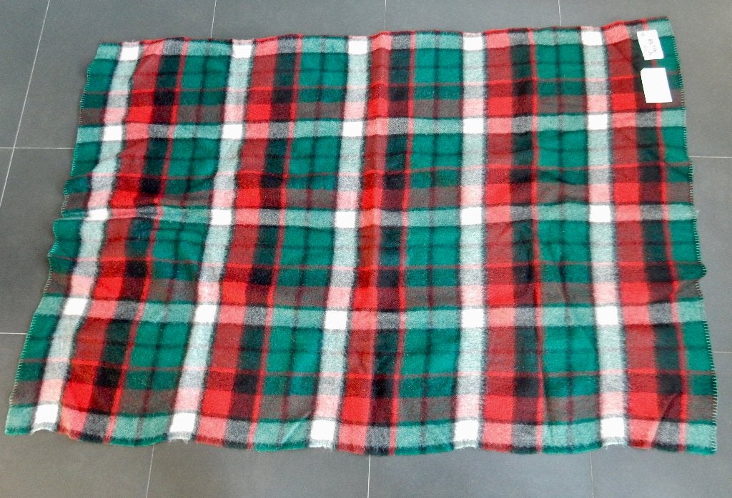 Vintage Plaid - Rood, Groen, Wit Geruit - Zuiver Scheerwol, 135 cm, Gebruikt, Wol, 200 cm