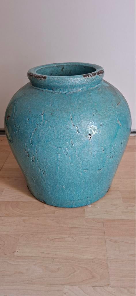 Turquoise bloempot/vaas, Huis en Inrichting, Woonaccessoires | Vazen, Ophalen, Overige kleuren, Aardewerk of Porselein, Zo goed als nieuw