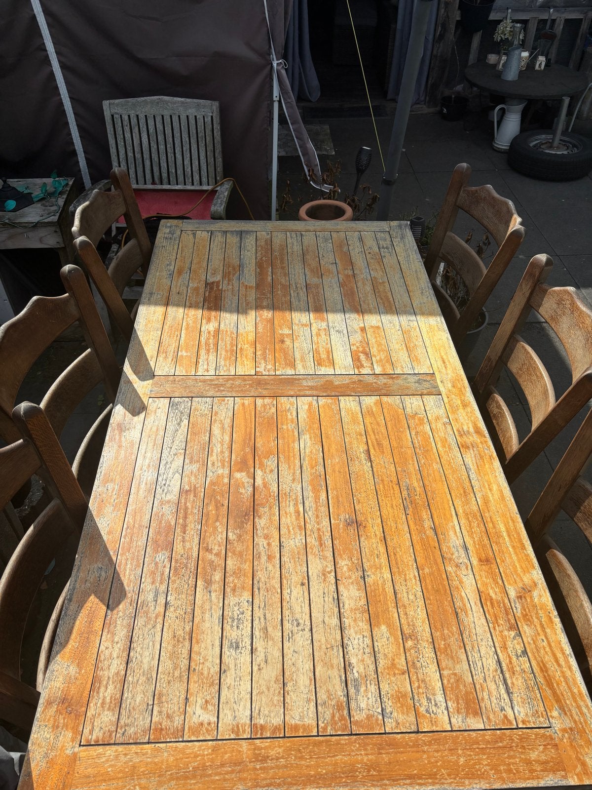 Houten eettafel (180x90 cm) met 6 stoelen, Tuin en Terras, Ophalen, Gebruikt, Rechthoekig, Hout