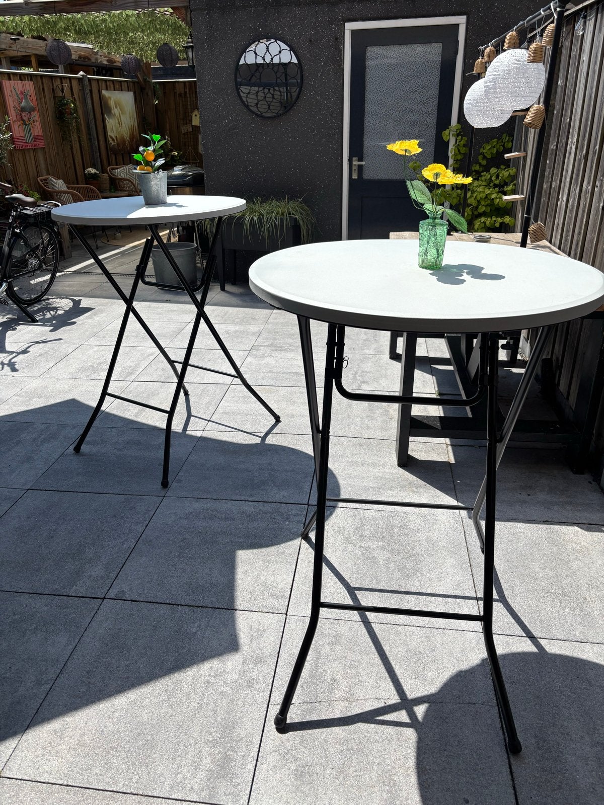 Te huur: 2 stevige statafels, 80 cm diameter, Ophalen, Gebruikt, Rond, Metaal