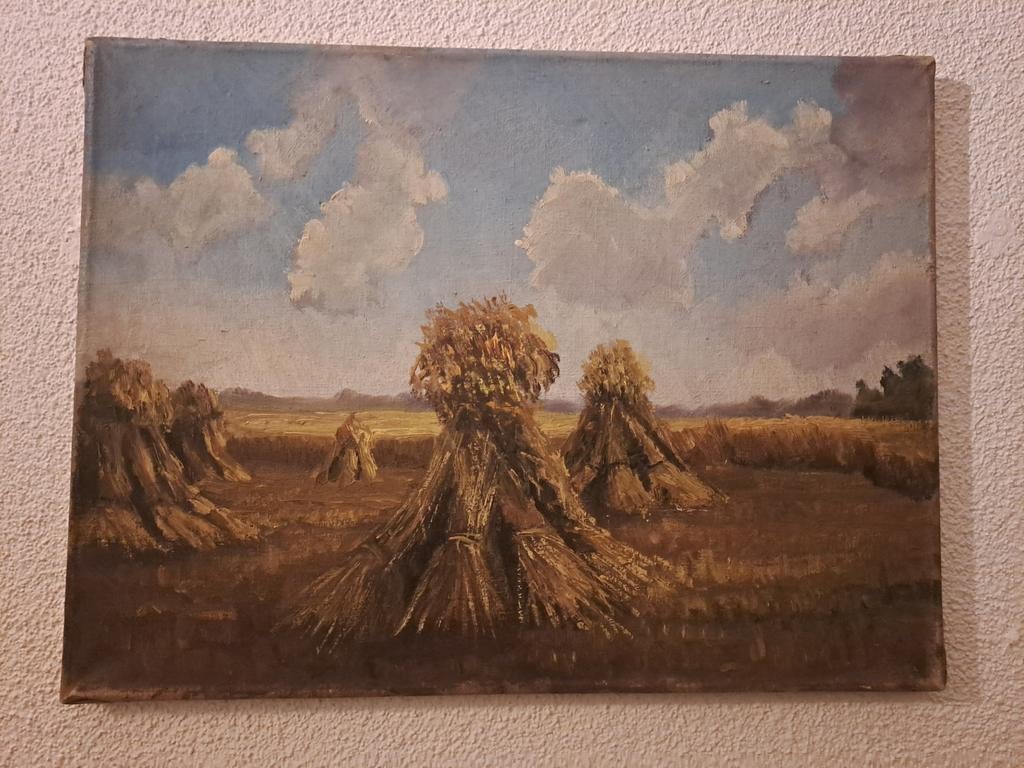 Olieverfschilderij - Hooibergen in Veld, Antiek en Kunst, Kunst | Schilderijen | Klassiek, Ophalen of Verzenden