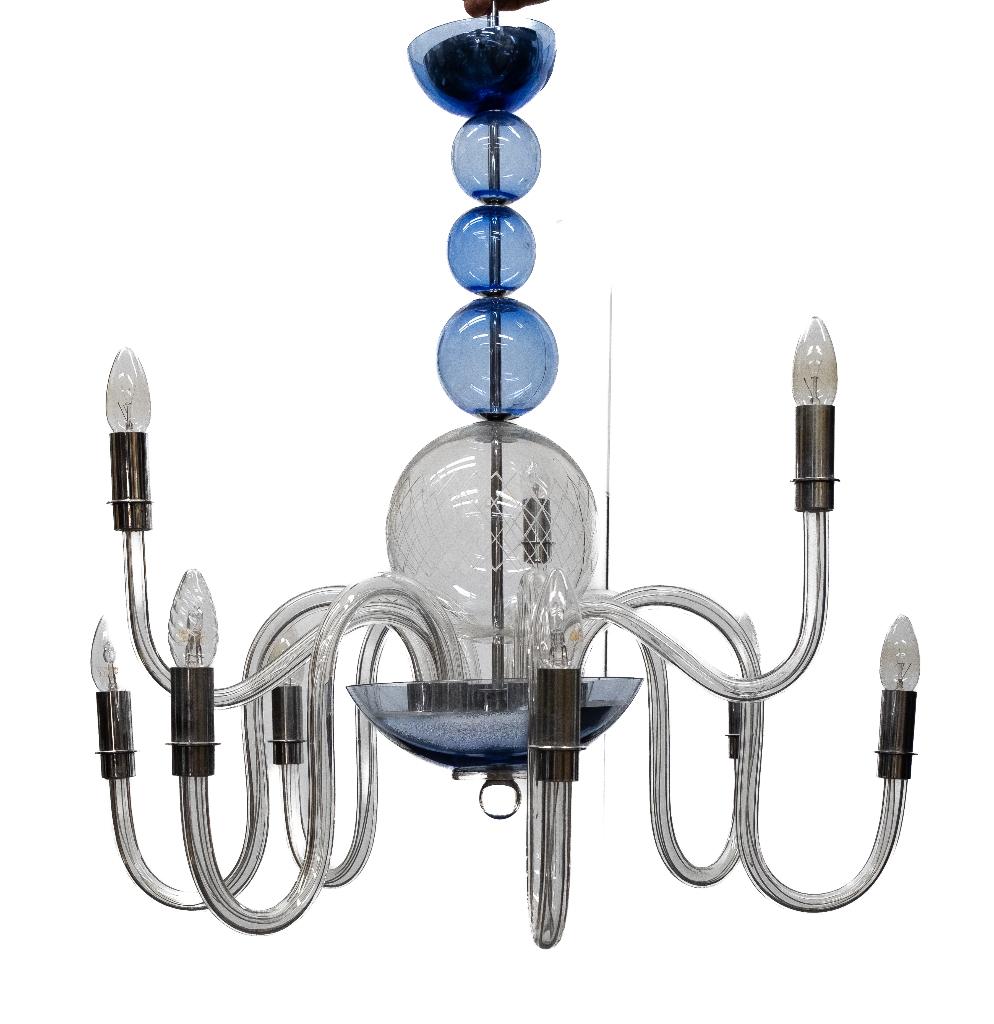 Murano Blauw en geslepen glazen negen-lichts Kroonluchter, Huis en Inrichting, Lampen | Kroonluchters, Ophalen, Gebruikt, Glas