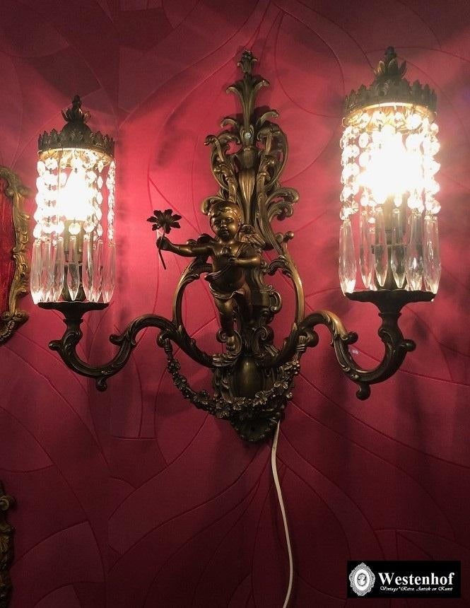2 Arms kristallen wandlamp brons barok engel - cupido beeld, Antiek en Kunst, Ophalen of Verzenden