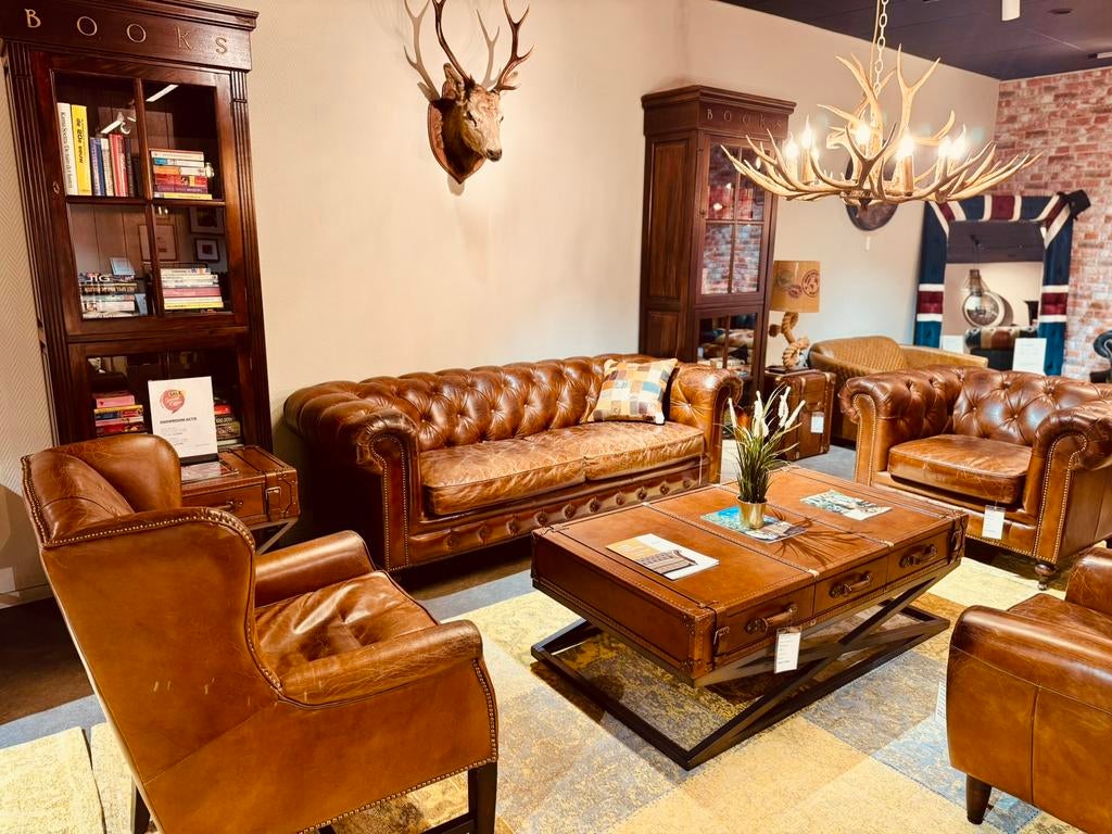 SHOWROOMMODEL ACTIE: chesterfield 3-1-1 zits Vintage Cognac, Ophalen of Verzenden, Nieuw, 75 tot 100 cm