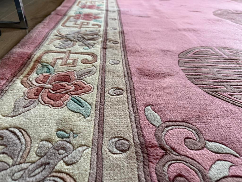Vintage Art Deco tapijt – ca. 330 x 215 cm Warm roze retro, Info@bababoho.com, 1053ML Amsterdam, Ophalen of Verzenden, 200 cm of meer