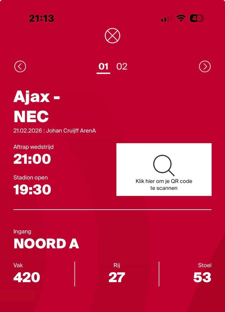 1 ticket Ajax-Nec, Tickets en Kaartjes, Losse kaart, Eén persoon, Februari