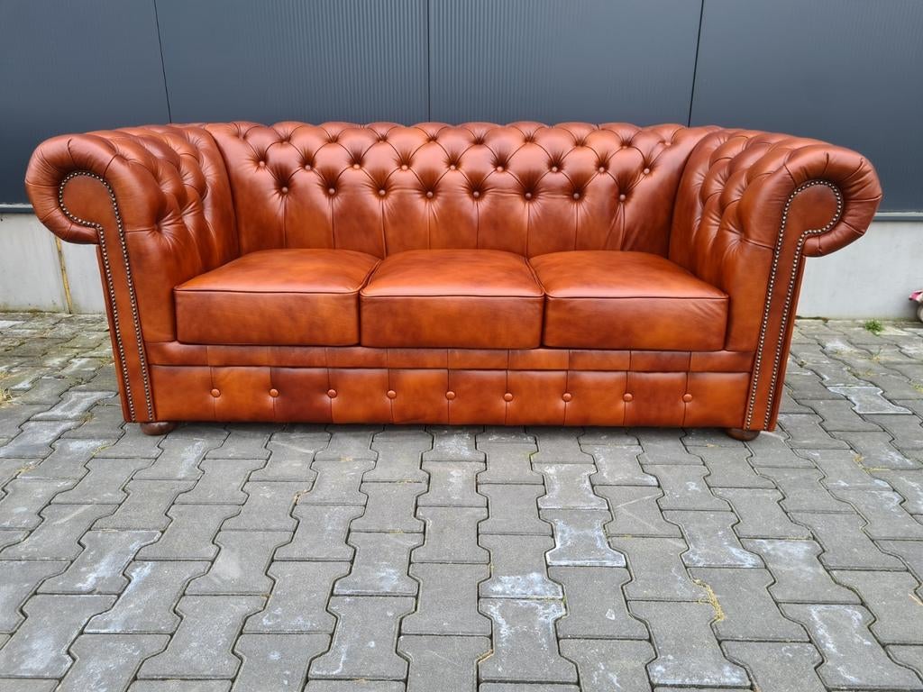 Nieuwe Chesterfield bank cognac leer + BEZORGING GRATIS