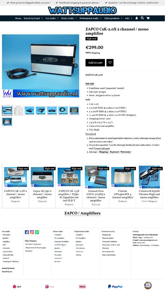 ZAPCO C2K-2.0X 2 kanaal / mono versterker Hi-end, Auto diversen, Autospeakers, Gebruikt, ., Ophalen of Verzenden, .