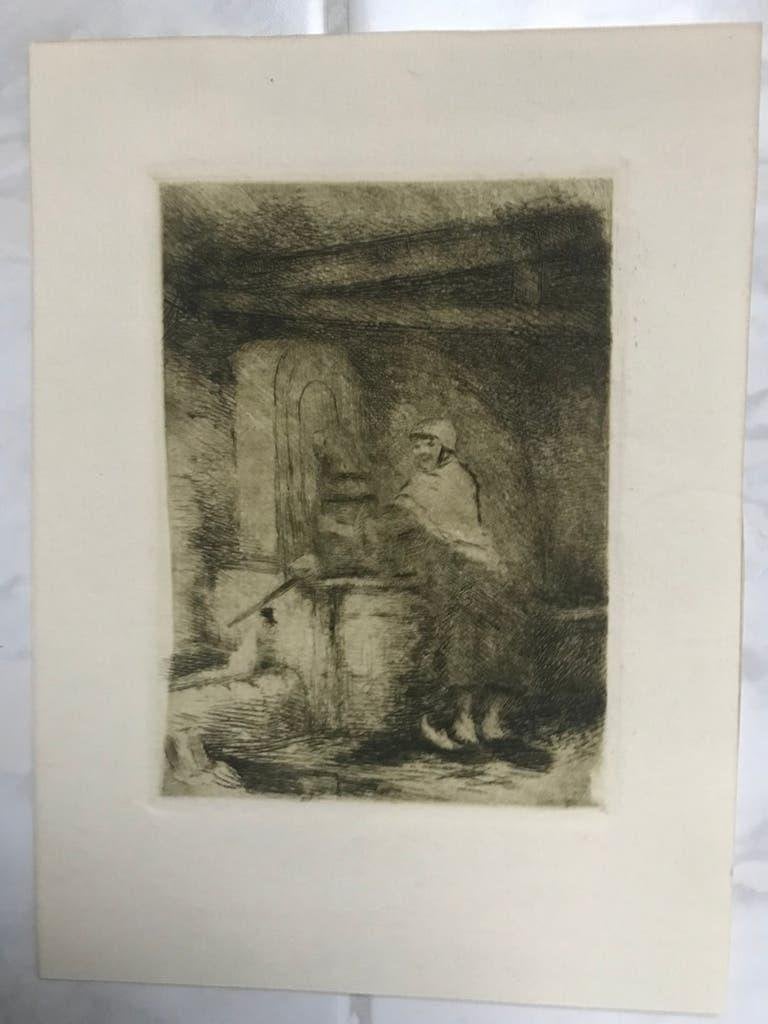 Kleine ets "Vrouw bij de waterpomp",  beeld 11,5x8,2 cm., 8 cm, Dagelijks leven, Ets, Ophalen of Verzenden