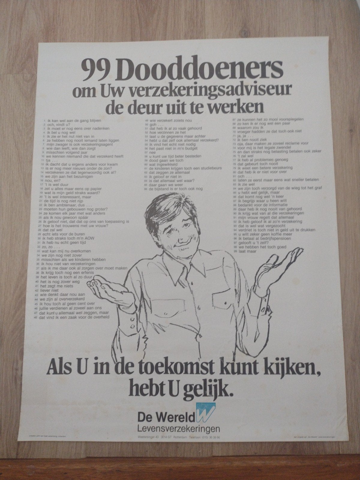 99 Dooddoeners over Uw verzekeringsadviseur, Ophalen of Verzenden, A1 t/m A3, Reclame, Rechthoekig Staand